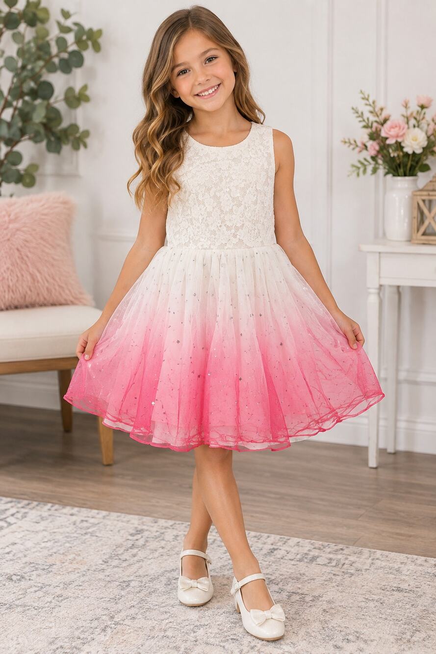Girls Ivory & Pink Ombre Lace Tulle Party Dress | Star Sequin Skirt | Size 7Y